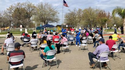 People wait the required 15 minutes after receiving their second doses of a COVID-19 vaccine in Calwa, CA on March 9, 2021. A series of clinics were conducted in 2021 by Assemblymember Dr. Joaquin Arambula and partners that included the Fresno State Mobile Health Unit, Saint Agnes Medical Center, and Cultiva La Salud.