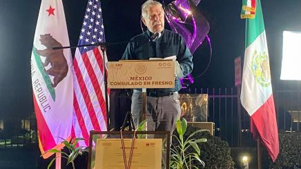 Former Assemblymember Juan Arambula speaks about his son, Assemblymember Dr. Joaquin Arambula, who was presented the Ohtli Award on November 12, 2021 at the Consulate of Mexico in Fresno.