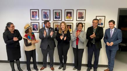 Assemblymember Arambula is seen with (from left)  General Consul Adriana González Carrillo of the Mexican Consulate in Fresno; Dolores Huerta, co-founder of the United Farm Workers and civil rights activist; Lupita Lomeli, Host of Univision 21’s Despierta Valle Central; Margarita Rocha, Executive Director of Centro La Familia Advocacy Services; Raul Moreno, Executive Director of the Moreno Institute; and Saúl Jiménez-Sandoval, President of Fresno State.