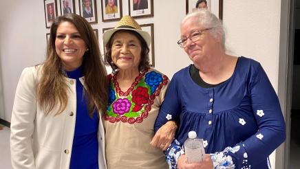 Attendees at the November 12, 2021 ceremony honoring Assemblymember Arambula included (from left) Esmeralda Soria, Fresno City Councilmember; Dolores Huerta, co-founder of the United Farm Workers and civil rights activist; and Amy Arambula, Joaquin’s mother and a community activist.