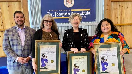 Asm. Dr. Joaquin Arambula with the AD 31 Woman of the Year recipients for the past three years: Dr. Kathleen “Kathi” Rindahl (2021), an assistant Fresno State professor who leads efforts to bring health services to rural and underserved communities; Patience Milrod (2020), an attorney and executive director of Central CA Legal Services; and Dr. Tania Pacheco-Werner (2022), co-director of Fresno State’s Central Valley Health Policy Institute and leader in efforts regarding environmental effects on heallth.