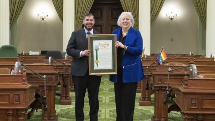 Assemblymember Dr. Joaquin Arambula presented a proclamation on June 24, 2022 to Patsy Montgomery at the State Capitol. She was retiring from Planned Parenthood Mar Monte in Fresno. She was director of external affairs and had a long career with the organization.