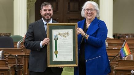 Assemblymember Dr. Joaquin Arambula presented a proclamation on June 24, 2022 to Patsy Montgomery at the State Capitol. She was retiring from Planned Parenthood Mar Monte in Fresno. She was director of external affairs and had a long career with the organization.