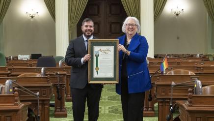 Assemblymember Dr. Joaquin Arambula presented a proclamation on June 24, 2022 to Patsy Montgomery at the State Capitol. She was retiring from Planned Parenthood Mar Monte in Fresno. She was director of external affairs and had a long career with the organization.