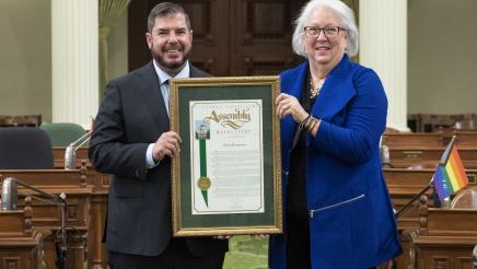 Assemblymember Dr. Joaquin Arambula presented a proclamation on June 24, 2022 to Patsy Montgomery at the State Capitol. She was retiring from Planned Parenthood Mar Monte in Fresno. She was director of external affairs and had a long career with the organization.