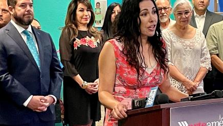 Vivian Paz, president of the Arte Américas Board of Directors, speaks at the Sept.7, 2022 news conference about the State allocation for the cultural arts center in downtown Fresno.