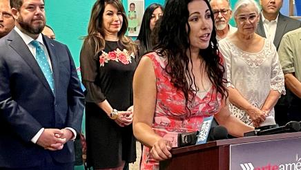 Vivian Paz, president of the Arte Américas Board of Directors, speaks at the Sept.7, 2022 news conference about the State allocation for the cultural arts center in downtown Fresno.