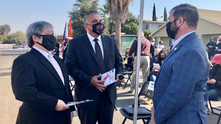 Assemblymember Dr. Joaquin Arambula speaks with Selma community leaders before the ribbon cutting on October 29, 2020. The Assemblymember secured $4 million in State funds to help build the facility.