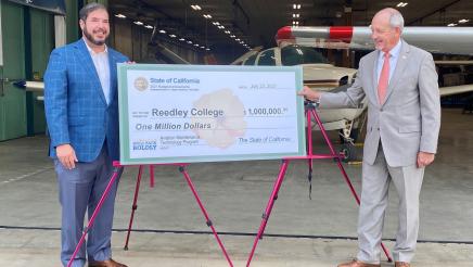 Assemblymember Dr. Joaquin Arambula with Reedley College President Jerry Buckley at the Sept. 22, 2021 news conference announcing the $1 million State allocation for the school’s aviation programs.