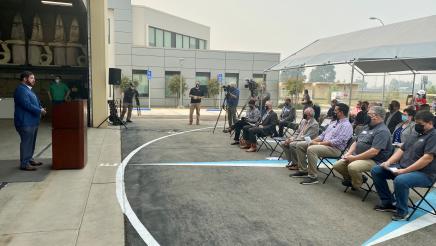 Assemblymember Arambula addresses attendees at the Sept.22, 2021 press conference announcing the $1 million State allocation for the college’s aviation programs.