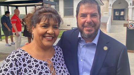 Assemblymember Arambula is shown with Anna Cardenas, wife of the late Fowler Mayor David Cardenas. The new police headquarters and senior center will be named after him.