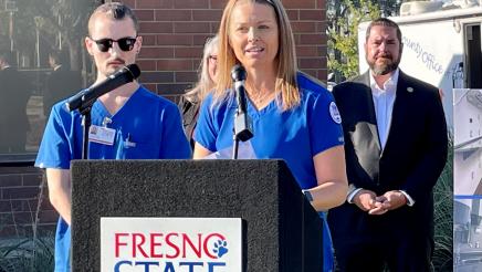 Kaide Garrett, a Fresno State nursing student, speaks about at the news conference on October 4, 2022 press conference.