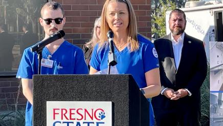 Kaide Garrett, a Fresno State nursing student, speaks about at the news conference on October 4, 2022 press conference.