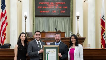 Assemblymember Dr. Joaquin Arambula holds the State Resolution proclaiming the Education and Leadership Foundation as the 2023 Nonprofit of the Year for the 31st District. He’s seen with (from left), Vianey Barraza, ELF’s Special Projects Coordinator; Matias Bernal, ELF’s Executive Director; and Olga Nunez, a member of the ELF board.