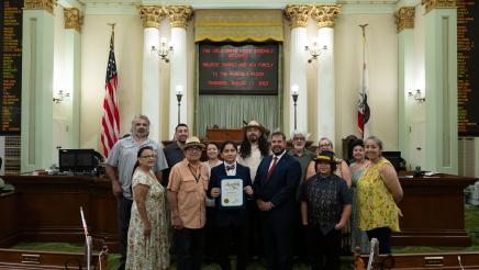 Assemblymember Dr. Joaquin Arambula recognized Malachi Suarez, who’s 12, during the Assembly session on Aug. 17, 2023. They are seen here with Malachi’s family. Malachi as a fourth-grader began his successfully effort to rename his Central Unified School District campus after he learned that the namesake, President James K. Polk, was a slave owner and a vocal supporter of Manifest Destiny.
