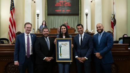 Sana Jaffery, the Assembly Fellow for Assemblymember Dr. Joaquin Arambula for 2022-23, was recognized by the Assembly at the State Capitol on August 28, 2023. Assemblymember Arambula and Jaffery are seen here with (from left) Assembly Minority Leader James Gallagher, Assembly Speaker Robert Rivas, and Assembly Majority Leader Isaac Bryan.