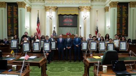 The 2022-23 Assembly Fellows – including Sana Jaffery with Assemblymember Dr. Joaquin Arambula’s office – were recognized by the Assembly at the State Capitol on August 28, 2023. They are seen here with Assembly Minority Leader James Gallagher, Assembly Speaker Robert Rivas, and Assembly Majority Leader Isaac Bryan.
