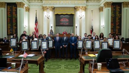 The 2022-23 Assembly Fellows – including Sana Jaffery with Assemblymember Dr. Joaquin Arambula’s office – were recognized by the Assembly at the State Capitol on August 28, 2023. They are seen here with Assembly Minority Leader James Gallagher, Assembly Speaker Robert Rivas, and Assembly Majority Leader Isaac Bryan.