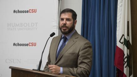 Assemblymember Dr. Arambula speaking at CSU Champion Press Conference