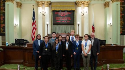 Assemblymember Dr. Joaquin Arambula and Assemblymember Jim Patterson welcome members of the champion University High School Academic Decathlon team of Fresno to the Assembly Floor on June 6, 2022. The team won the Small Schools national title at the 2022 U.S. Academic Decathlon, making it the school's 14th national A.D. championship.