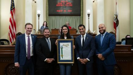 Sana Jaffery, the Assembly Fellow for Assemblymember Dr. Joaquin Arambula for 2022-23, was recognized by the Assembly at the State Capitol on August 28, 2023. Assemblymember Arambula and Jaffery are seen here with (from left) Assembly Minority Leader James Gallagher, Assembly Speaker Robert Rivas, and Assembly Majority Leader Isaac Bryan.